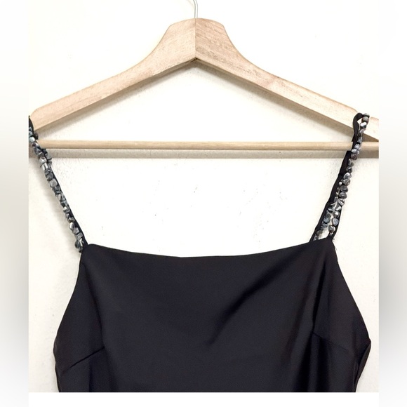 Elegant NWT Zara Satin Slip Black Midi Dress with Beaded Shoulder Straps Size S - Picture 7 of 15